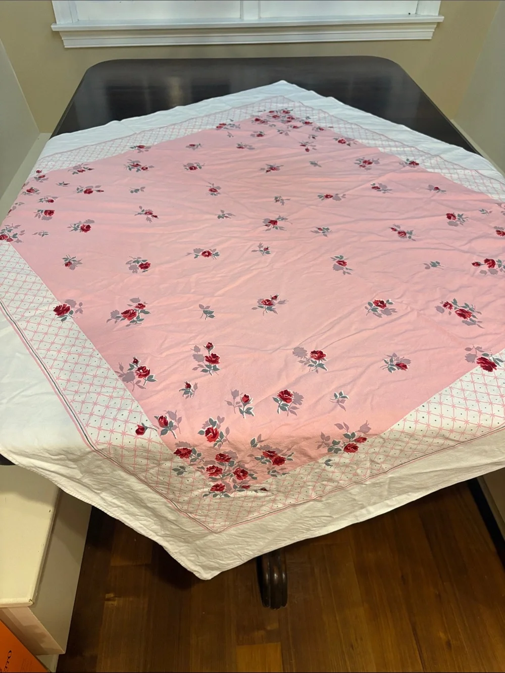 Vintage Pink Floral Tablecloth with Roses